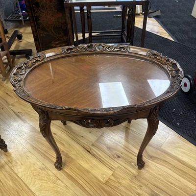 Hand carved Tea Table with Removable Glass Top Tea Tray - Image 1 of 4