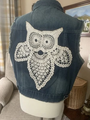 Upcycled Owl Denim Waistcoat  Lace Distressed Hippy Boho Artsy Whimsy OOAK Bird - Image 1 of 4