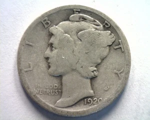 Moneda de diez centavos de mercurio 1920 buena G bonita moneda original de bobs monedas envío rápido 99c - Imagen 1 de 2