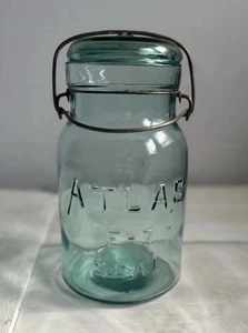 Vintage Atlas E-Z Siegel Quart Glas hellblau mit Original Deckel & Drahtbügel - 1930er - Bild 1 von 18
