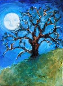 Trujillo Art -not Jose ) framed modern misty moon face night oak tree whimsical - Picture 1 of 1