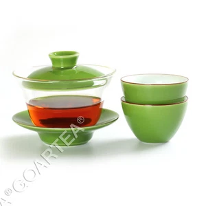 Juego de té chino gongfu - vidrio transparente de porcelana Jingde verde Gaiwan y taza de té - Imagen 1 de 8