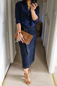 TOAST Denim Midi Skirt Blue Wrap Crossover Straight Pencil Uk 8 Us 4 Eu 36 - Picture 1 of 7