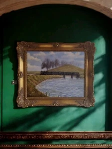 🌟Hermosa pintura al óleo tren y paisaje de Mike Gibson "Marco 63 cm X 53 cm🌟 - Imagen 1 de 10