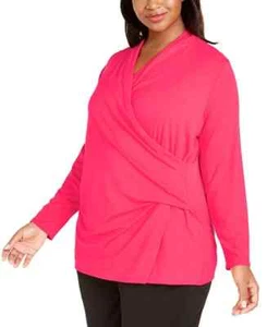 Alfani Plus Size Comfy Stretch Faux-Wrap Long Sleeve Top - 0X - Pink - Picture 1 of 1