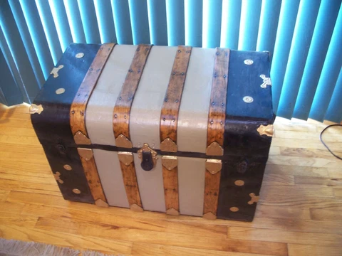 Antique Metal and Wood Flat Top Steamer Trunk Chest restored Cover