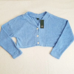 Wild Fable Crop Blue Cardigan Sweater Fuzzy Soft SMALL Mother of Pearl Buttons - Picture 1 of 9