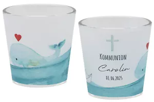 Windlicht Wal Papierboot Blau Kommunion Konfirmation PERSONALISIERT 7,5cmH - Bild 1 von 1