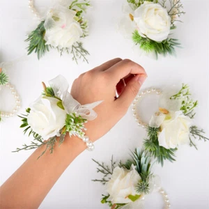 Wedding Boutonniere Rose Pearl Wrist Flower Bridesmaid Bracelet Corsage Decor - Picture 1 of 29