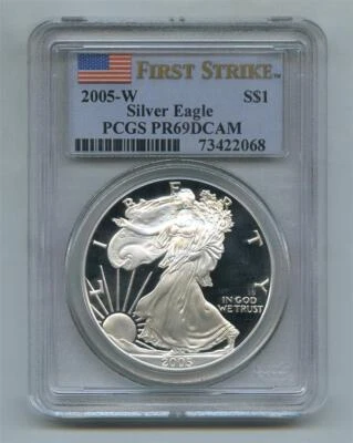 2005 W SILVER EAGLE $1 ONE DOLLAR PCGS PR69 DCAM FIRST STRIKE FS GRADED COIN - Image 1 of 2