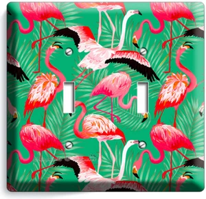 PINK FLAMINGO TROPICAL PALM PATTERN 2 GANG LIGHT SWITCH WALL PLATE ROOM HD DECOR - Picture 1 of 1