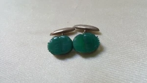Vintage Skarabäus-Jade Farbe Manschettenknöpfe markiert Silber-Einsätze scheinen Kunststoff zu sein - Bild 1 von 6