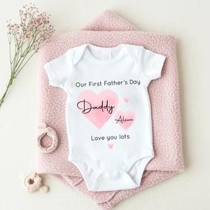 Personalised Pink Hearts Girls Our First Father's Day Baby Outfit Babygrow Vest - Picture 1 of 15