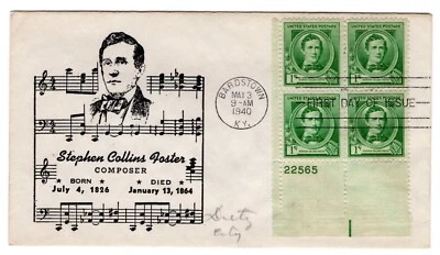 #879 Stephen Collins Foster FDC 1940 Famous Amer - Reid - Image 1 of 2