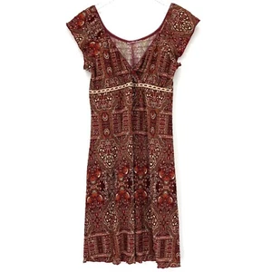 Y2K Vintage Babydoll Dress Size XS/S Boho Print Stretchy Lettuce Hem Peasant Red - Picture 1 of 9