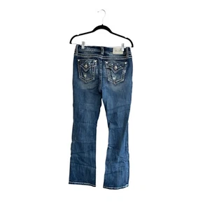 Miss Me Mid Rise Boot Cut Jeans Womens 29x32 Blue Denim Distressed Embellished - Picture 1 of 7