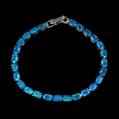 925 Sterling Silver Bracelet Oval Blue Opal 6x4mm Natural Gemstone Jewelry 7.5in - Image 1 of 4