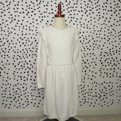 Carter’s 白色长袖荷叶肩女孩棉毛衣连衣裙 8 码 — 第 1/4 张图片