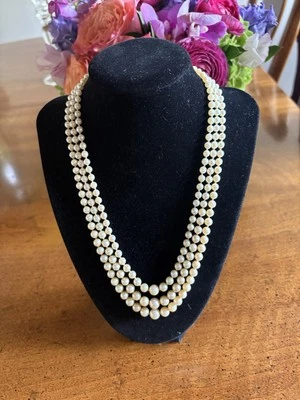 VTG Mid Century Triple Strand Cultured Pearl Necklace/ 14K Yellow Gold Clasp/18" - Image 1 of 4