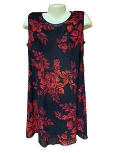 NOSTALGIE L DAMEN ROT GEBLÜMT AUF SCHWARZ ÄRMELLOS PULL-ON KLEID + SCHAL WICKELOPTIK NEU - Bild 1 von 11