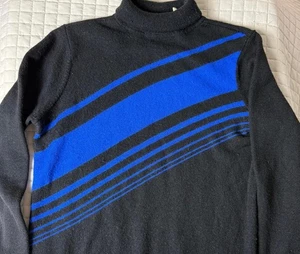 Vintage Women’s Apostrophe Wool Blend Black Blue Striped Turtleneck Sweater Sz L - Picture 1 of 10