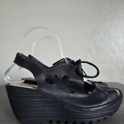 Fly London Yend Leather Lace Up Cutout Wedge Sandals Black Size Women's 7-7.5 - Image 1 of 4