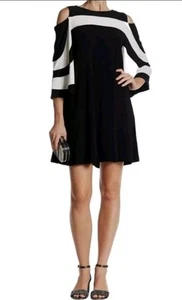 Nuevo Con Etiquetas Vestido Nina Leonard L Hombros Fríos Manga Campana Bolsillos Negro Blanco - Imagen 1 de 12