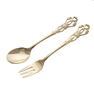 1 Pair Retro Golden Spoon Fork Stainless Steel Coffee Dessert Spoon Cutlery Kit - Picture 1 of 33