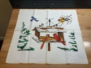 Vintage Cross Stitch 21” X 19” BIRDS/BIRD FEEDER Completed - Picture 1 of 12