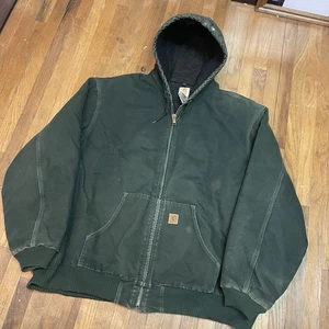 Vintage 90s Green Hooded Carhartt Jacket 4XL Workwear Faded - Picture 1 of 7