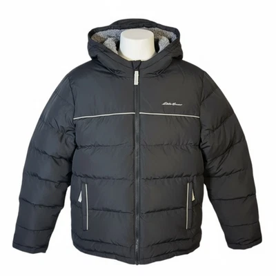 Eddie Bauer Black Reflective Puffer Coat Hooded Down Size L - Image 1 of 4