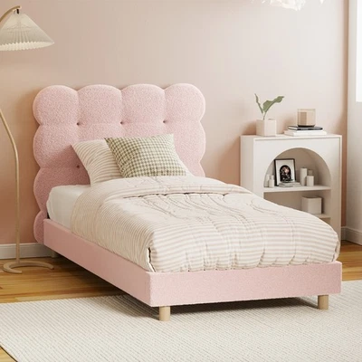Oikiture Bed Frame Single Size Tufted Bedhead Boucle Fabric Pink - image 1 of 4