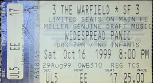 Widespread Panic Warfield San Francisco Concert Music Ticket Stub WSP 10/16/1999 - Picture 1 of 2