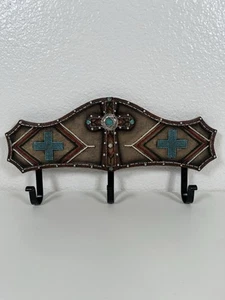 Beaded Wall Coat Hook Turquoise Three Hooks Leather Look - Picture 1 of 12