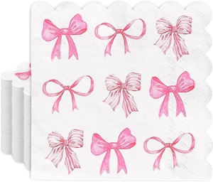 100Pcs Pink Bow Paper Scalloped Napkins Trendy Preppy Coquette Luncheon Napkins - Picture 1 of 7