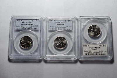 2000 P, 2001 p and 2002 P South Carolina, Vermont, Ohio Quarters All PCGS MS 67 - Image 1 of 2