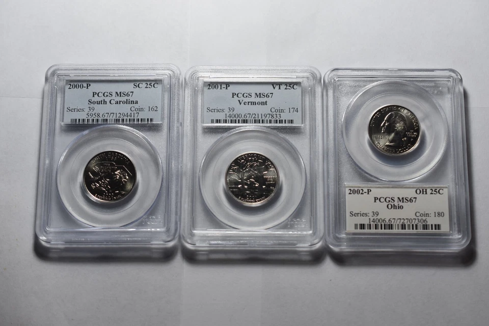 2000 P, 2001 p and 2002 P South Carolina, Vermont, Ohio Quarters All PCGS MS 67 - Image 1 of 2