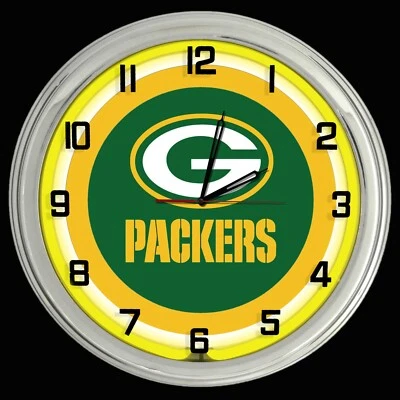 Green Bay Packers 16" Yellow Neon Clock Man Cave Game Room Bar Football - Image 1 of 2
