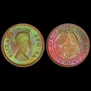 MS63BN 1953 South Africa 1/4 Penny, PCGS Trueview- NEON GREEN PINK Rainbow Toned - Picture 1 of 10