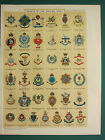 1920 PRINT ~ CRESTS OF BRITISH ARMY PRINCE ALBERTS ROYAL FUSILIERS THE BUFFS etc
