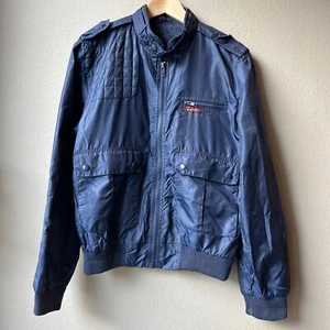Vintage 80's Navy Blue Mens Seruchi New York Rome Jacket Moto Windbreaker 36/S - Picture 1 of 8