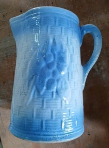 Vintage Blue & White SWIRL "Cherry Cluster & Basketweave" Pitcher Stoneware - Picture 1 of 7