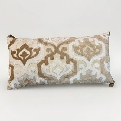 PIER 1 IMPORTS 26x13" LUMBAR THROW PILLOW Cream Tan Damask Raised Velvet Tassels - Image 1 of 4