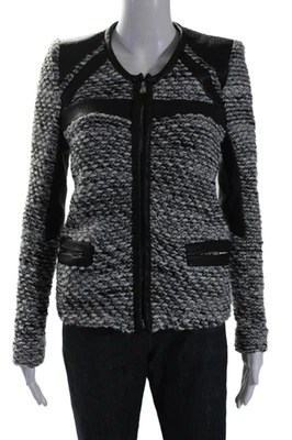 Chaqueta tejida IRO para mujer con cremallera frontal ribete de cuero cuello redondo gris negra talla FR 40 Foto 1 de 4