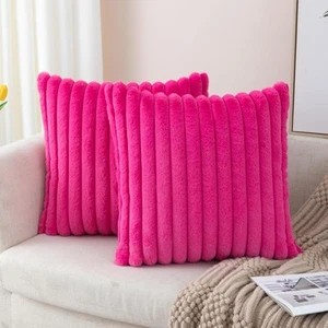 2er Set Kissenbezug Hot Pink Kunstfell Deko Überwurf Flauschig Gestreift - Bild 1 von 5