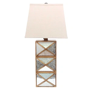 28" Distressed Gold And Silver Metal Bedside Lamp With Beige Shade - Picture 1 of 6
