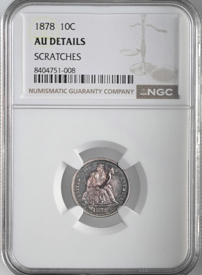 1878  10C SEATED LIBERTY SILVER DIME NGC AU DETAILS SCRATCHES 8404751-008 TONED - Image 1 of 4