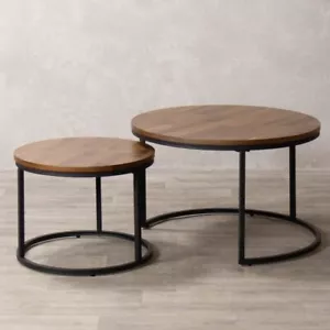 WOODEN COFFEE TABLE SET OF TWO ROUND COFFEE TABLES WALNUT NESTING TABLES - Picture 1 of 8