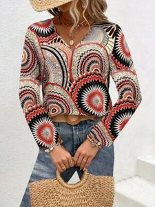 Fashion Women Red Ethnic Graphic Print Blouse Long Sleeve V Neck Blouse Clothing - Picture 1 of 5