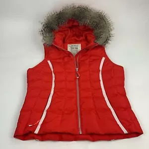 Eddie Bauer Goose Down Faux Fur Quilted puffer Vest Large Red White Hooded New - Picture 1 of 15